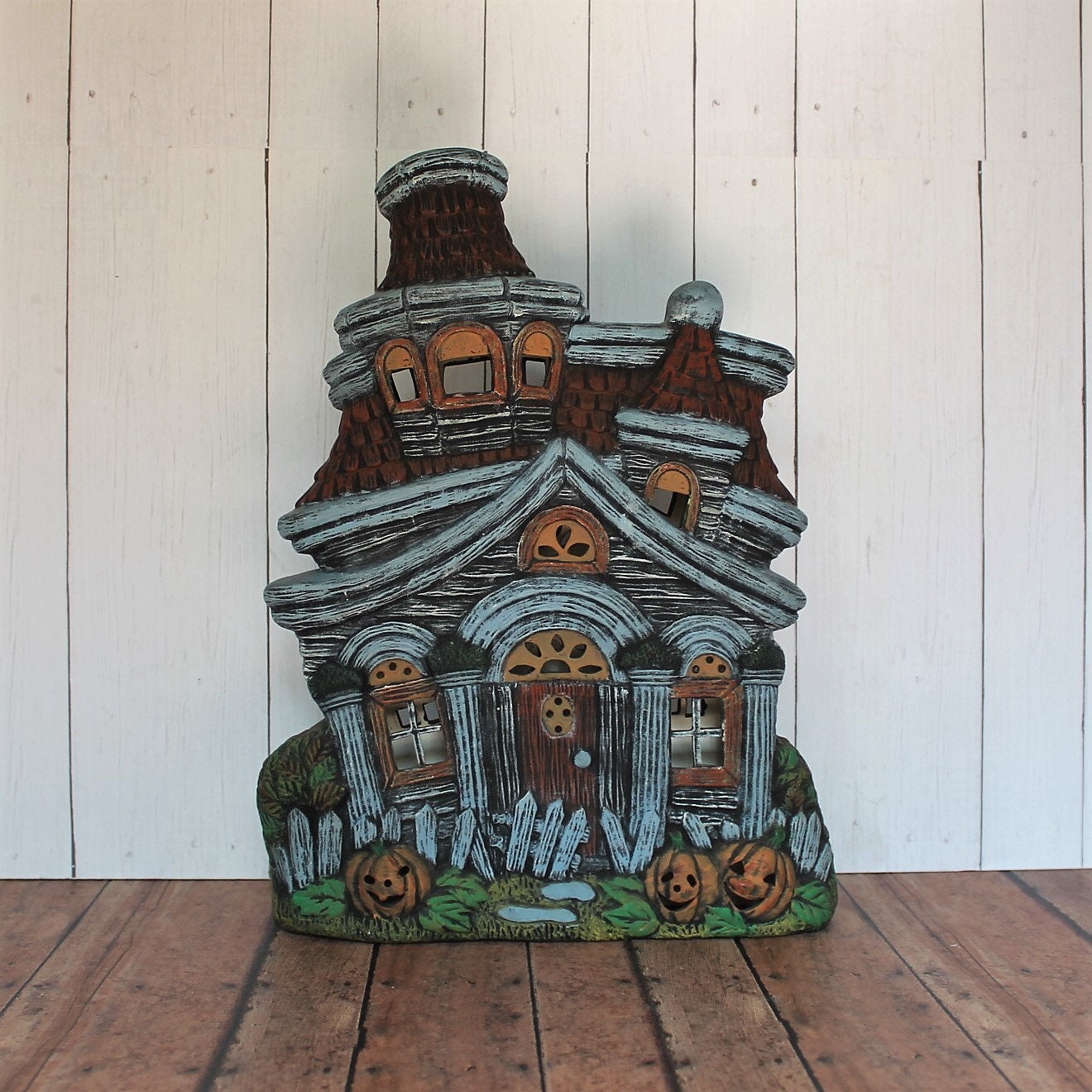 Vintage Ceramic Haunted House Halloween Figurine Luminary with Pumpkin