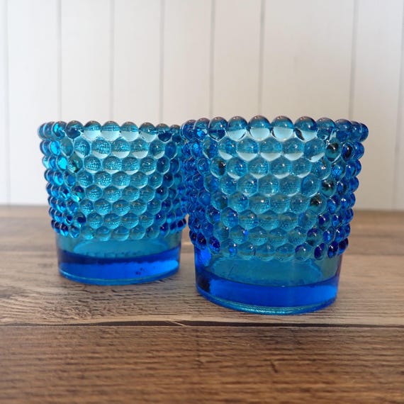 Vintage Blue Hobnail Votive Tealight Candle Holders Pair Set of 2 Candleholders