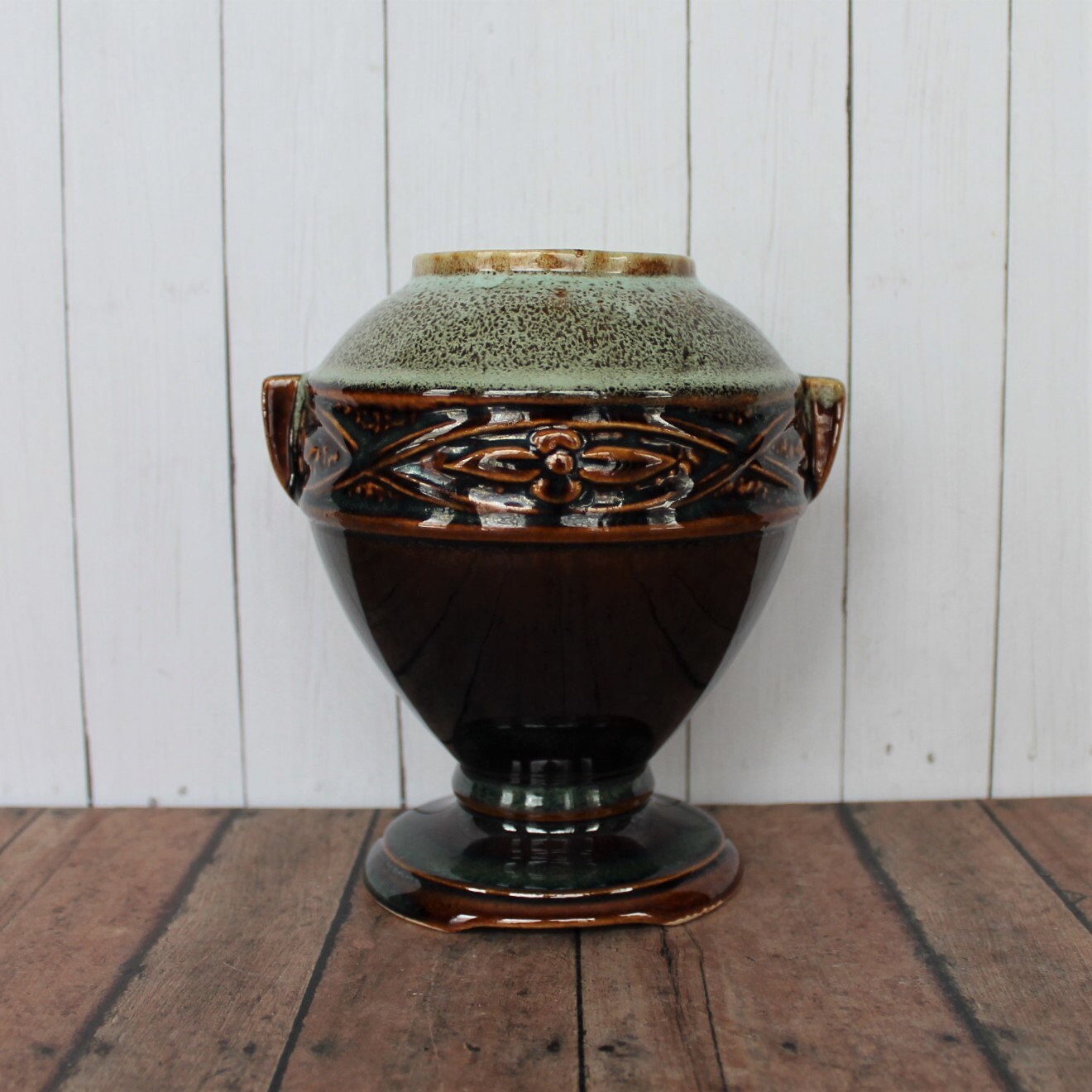 Vintage Ceramic Footed Pedestal Vase Brown and Green Arts and Craft Art