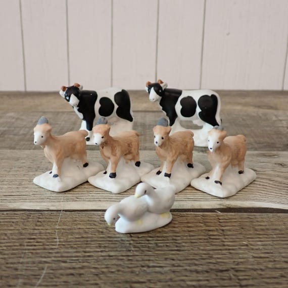 Vintage Christmas Village Accessory Animals Set of 7 Cows Goats Swans