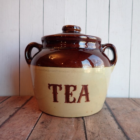 Vintage Tea Canister Bean Pot with Lid Stoneware Crock Cream and Brown Drip with Handles