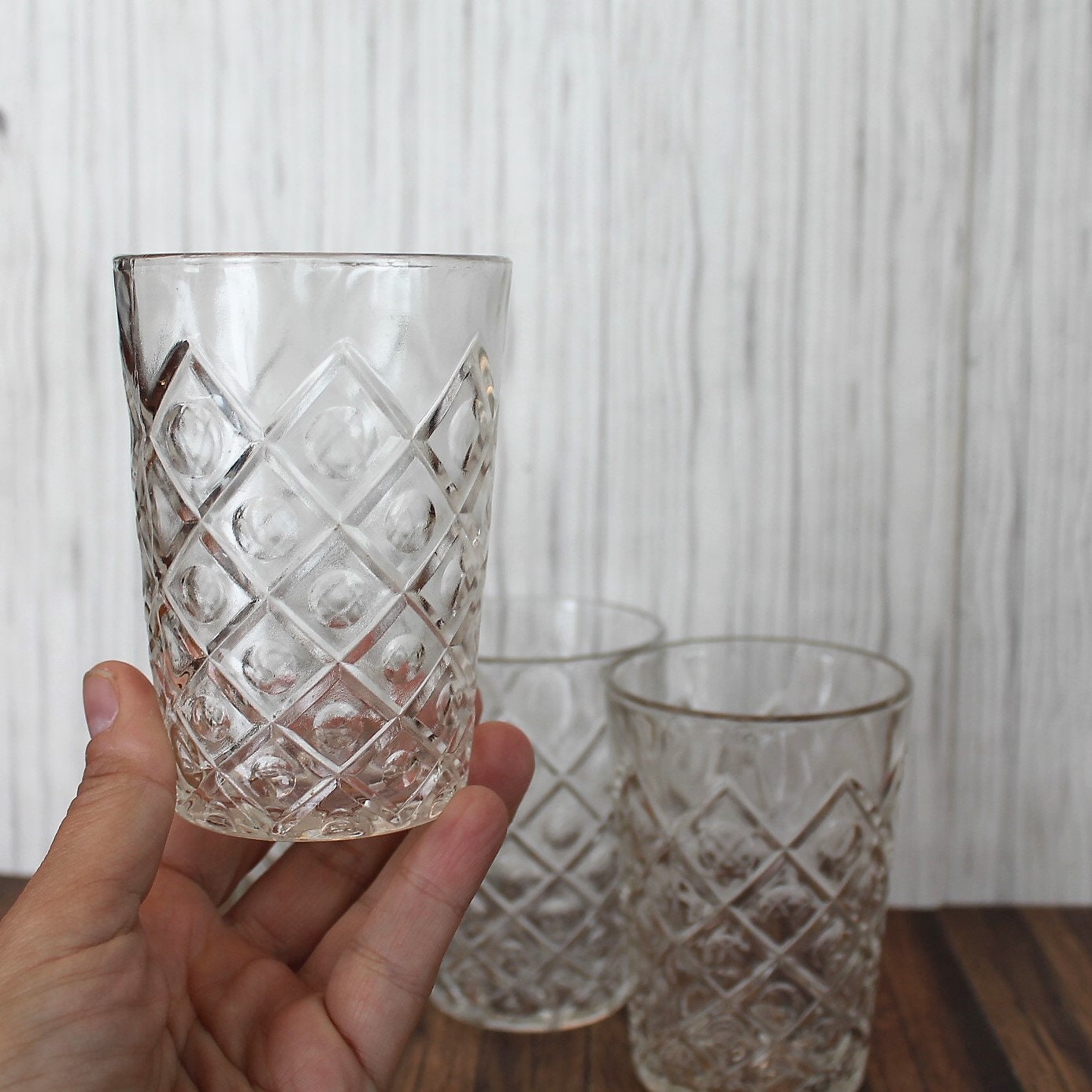 Vintage Clear Juice Glass Small Tumbler Set of 4 Diamond and Dot