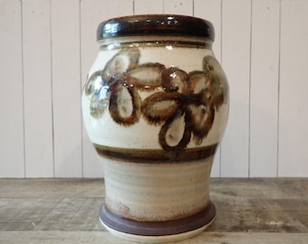 Vintage Stoneware Vase White with Brown with Flower Design Handmade Studio Pottery