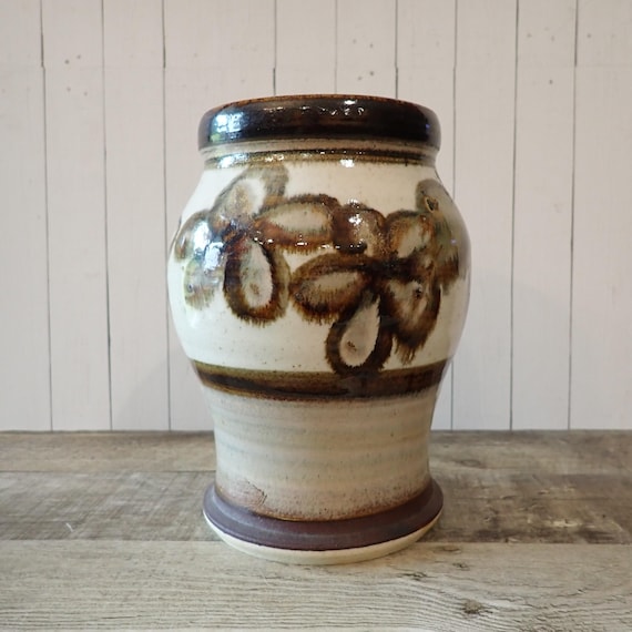Vintage Stoneware Vase White with Brown with Flower Design Handmade Studio Pottery