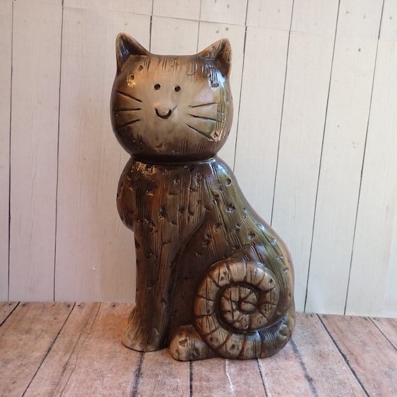 Vintage Ceramic Brown Gray Cat Kitty Figurine Folk Art Style