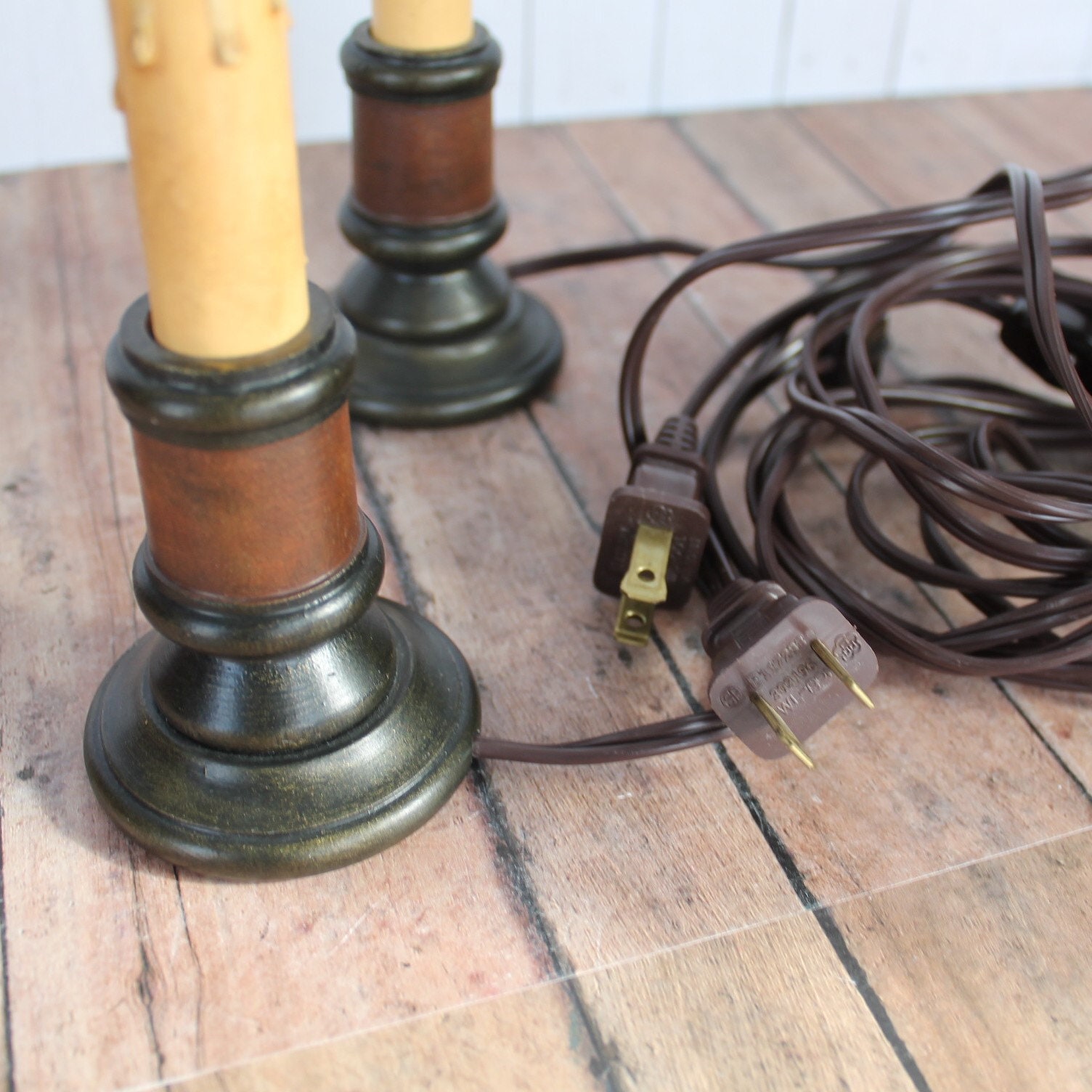 Vintage Electric Candlestick Lamp with Wooden Spool Base Americana Folk Art