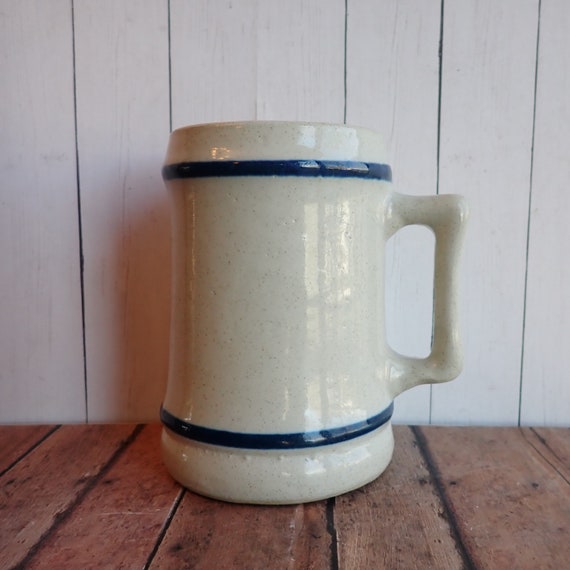 Vintage Stoneware Mug Beer Stein Tankard White with Blue Bands Striped Early Primitive Style