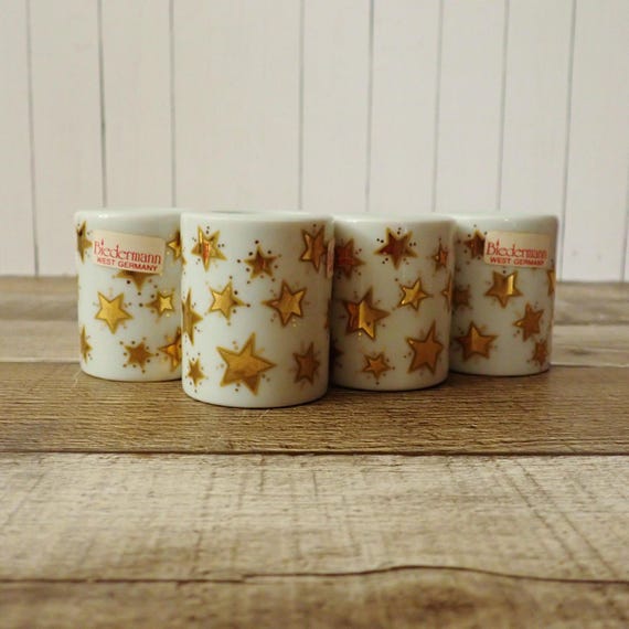 Vintage Biedermann Ceramic Taper Candle Holders Set of 4 White with Gold Stars Made by Funny Design West Germany