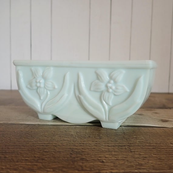 Vintage White Milk Glass Planter Small Rectangular Planter with Flower Lily Design