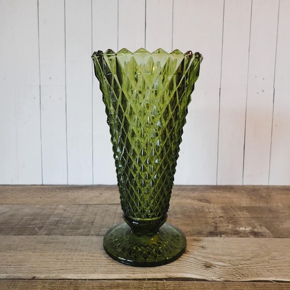 Vintage Indiana Glass Diamond Point Green Glass Vase Diamondpoint