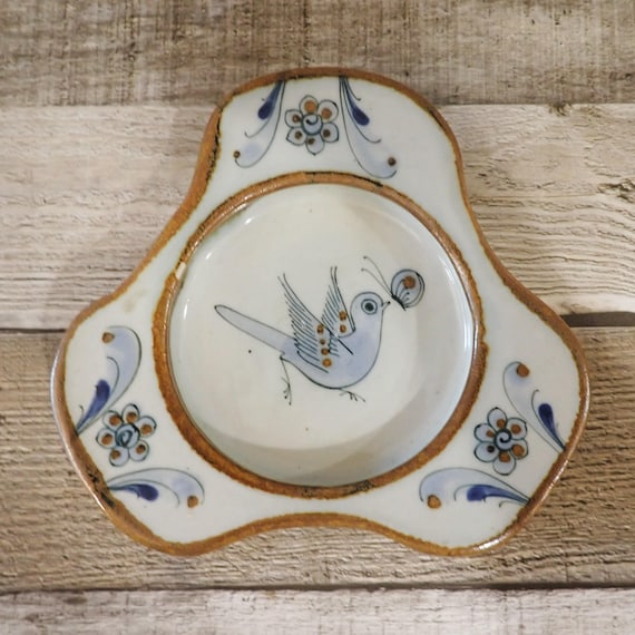 Vintage Tonala El Palomar Stoneware Candle Plate Trinket Dish with Hand Painted Bird Floral Design Jewelry Change Bowl Mexico Ken Edwards