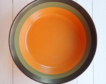 Vintage Arrowstone CHEROKEE Cereal Bowl Set of 3 Bowls Mid Century Modern Orange Green Brown Bands Kasuga Stoneware