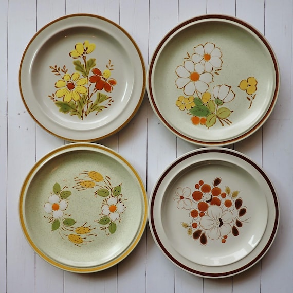 Vintage Mismatched Stoneware Salad Plate Set of 4 Mix and Match Plates White with Yellow Green Blue Brown Flower Designs 1970s