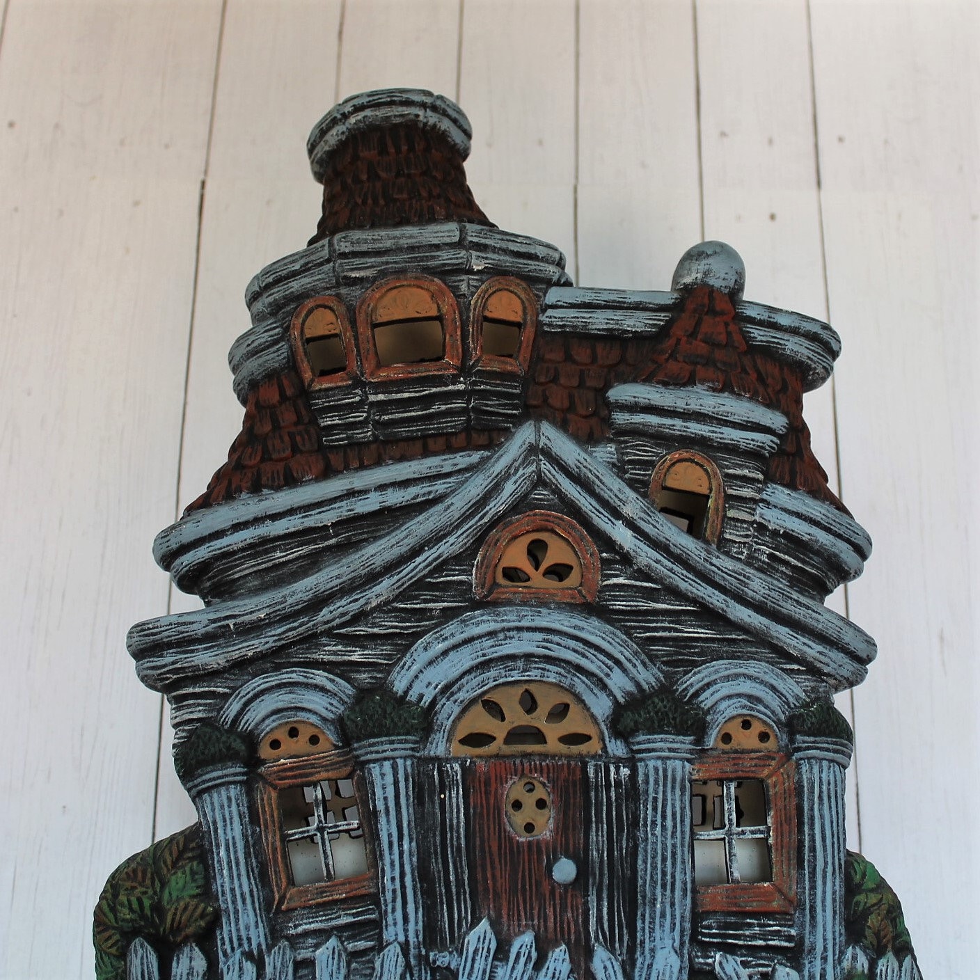 Vintage Ceramic Haunted House Halloween Figurine Luminary with Pumpkin