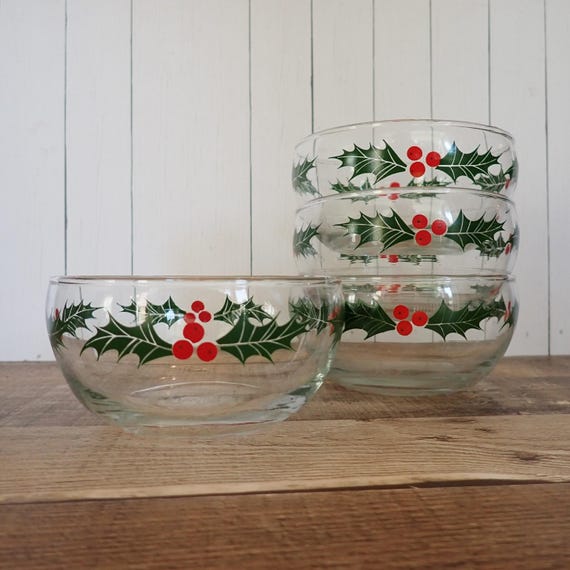 Vintage Libbey Christmas Fruit Bowl Set of 4 Clear Glass with Green Holly Red Berry Design Cereal All Purpose Bowl