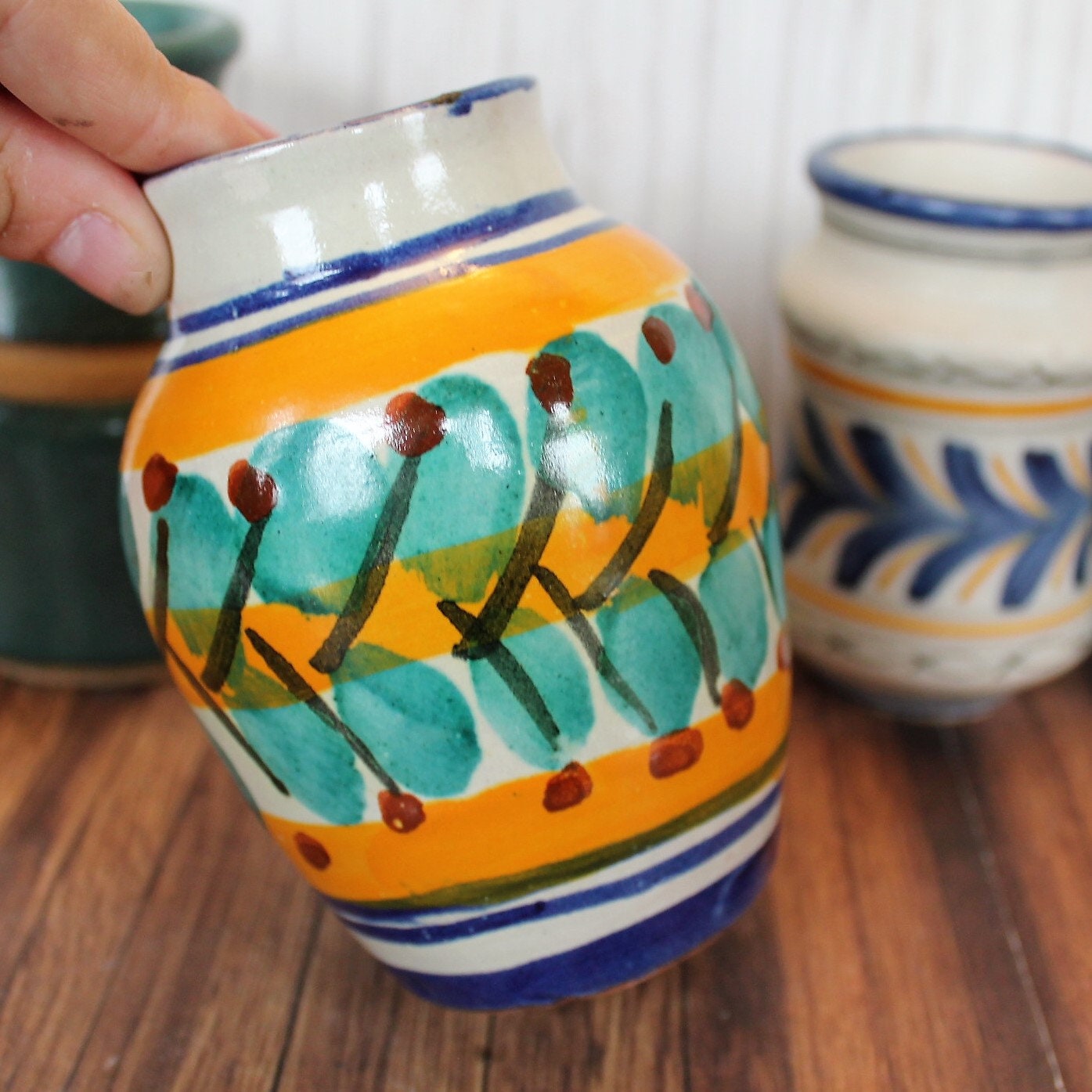 Vintage Stoneware Vase Set of 4 Handmade Pottery Blue Green Yellow Leaf ...