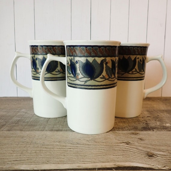 Vintage Mikasa ARABELLA Cappuccino Mug Set of 3 White with Blue and Green Flowers and Leaves