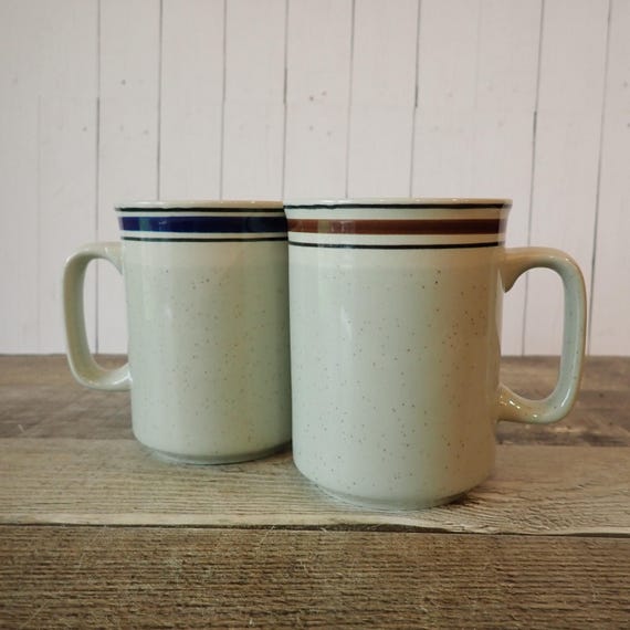 Vintage Stoneware Mug Set of 2 Gray and White with Banded Design Otagiri Style Mid Century Modern Pottery