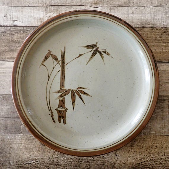 Vintage Otagiri BAMBOO Stoneware 12" Charger Chop Plate Round Serving Platter Gray and Brown Leaf and Tree Pattern
