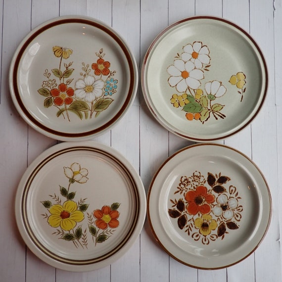 Vintage Mismatched Stoneware Salad Plate Set of 4 Mix and Match Plates White with Yellow Green Blue Brown Flower Designs 1970s