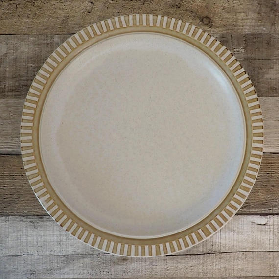 Vintage Kasuga Showa PATIO 12" Chop Plate Round Platter Beige Tan Stoneware with Banded Design Mid Century Modern