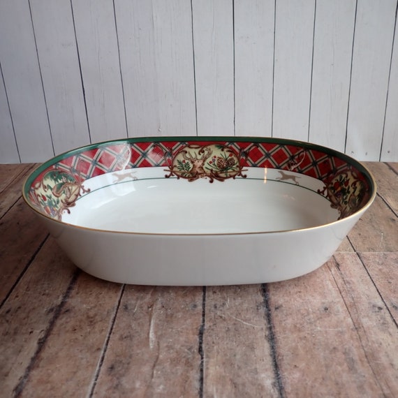 Vintage Noritake ROYAL HUNY Oval Vegetable Bowl Serving Bowl Red and Green Plaid Border with Animals and Fruit