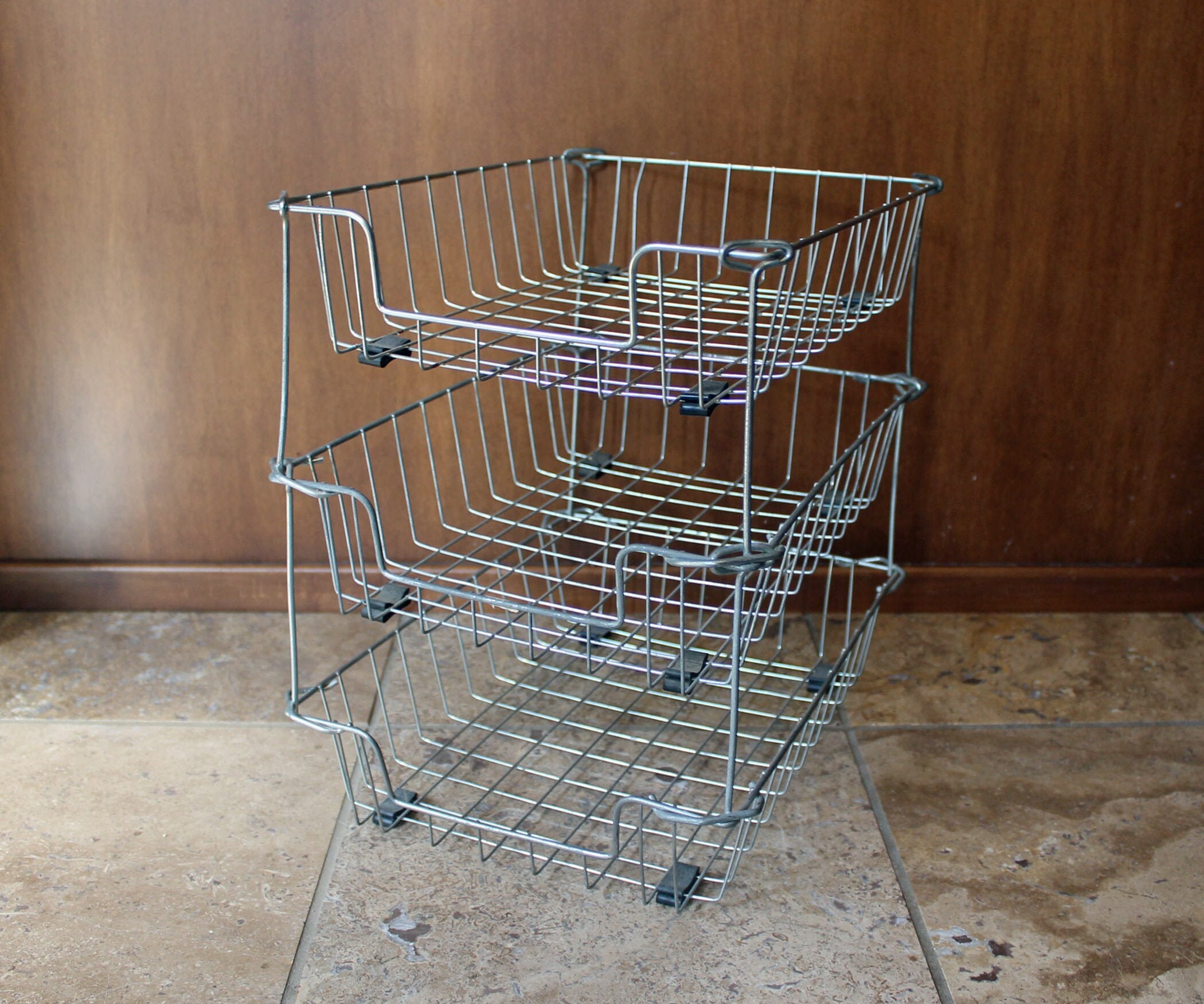 Vinage Silver Metal Wire 3 Tier Paper Tray Office Desk File Stackable Storage