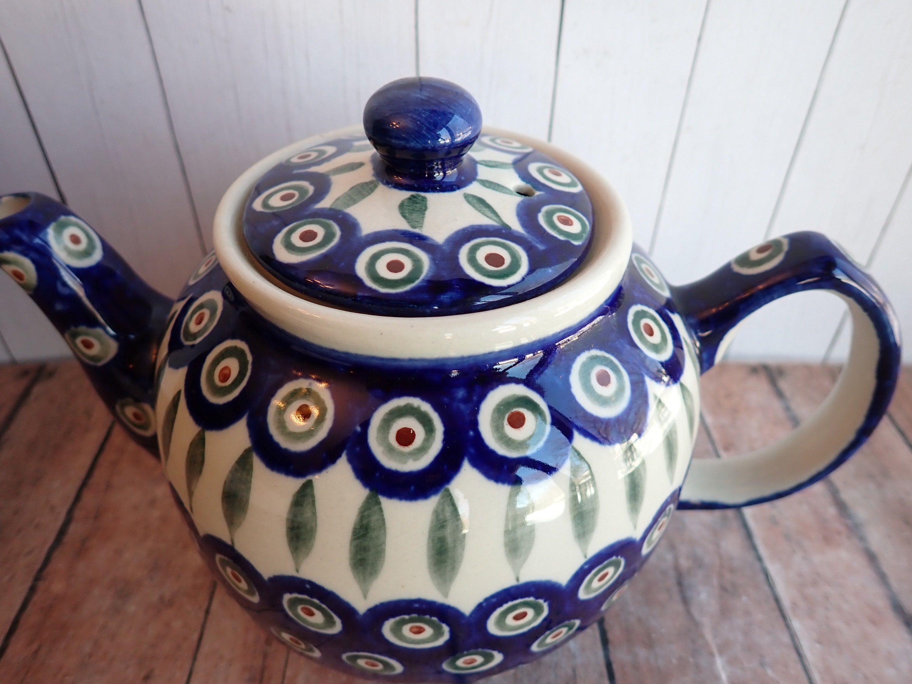 Vintage Boleslawiec Teapot White Blue Green Hand Painted Design Polish