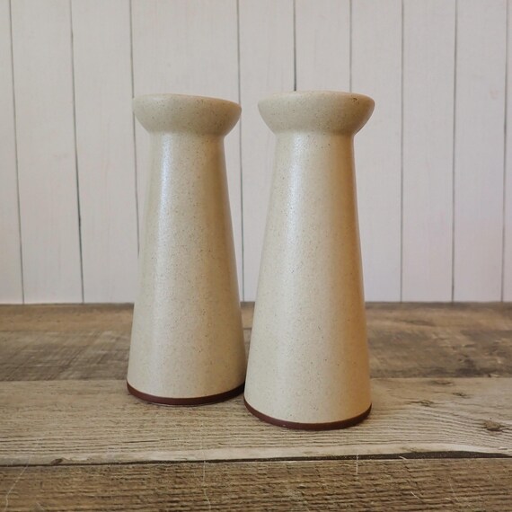 Vintage Ceramic Candlestick Holders Set of 2 Cream and Brown Modern Angular Style