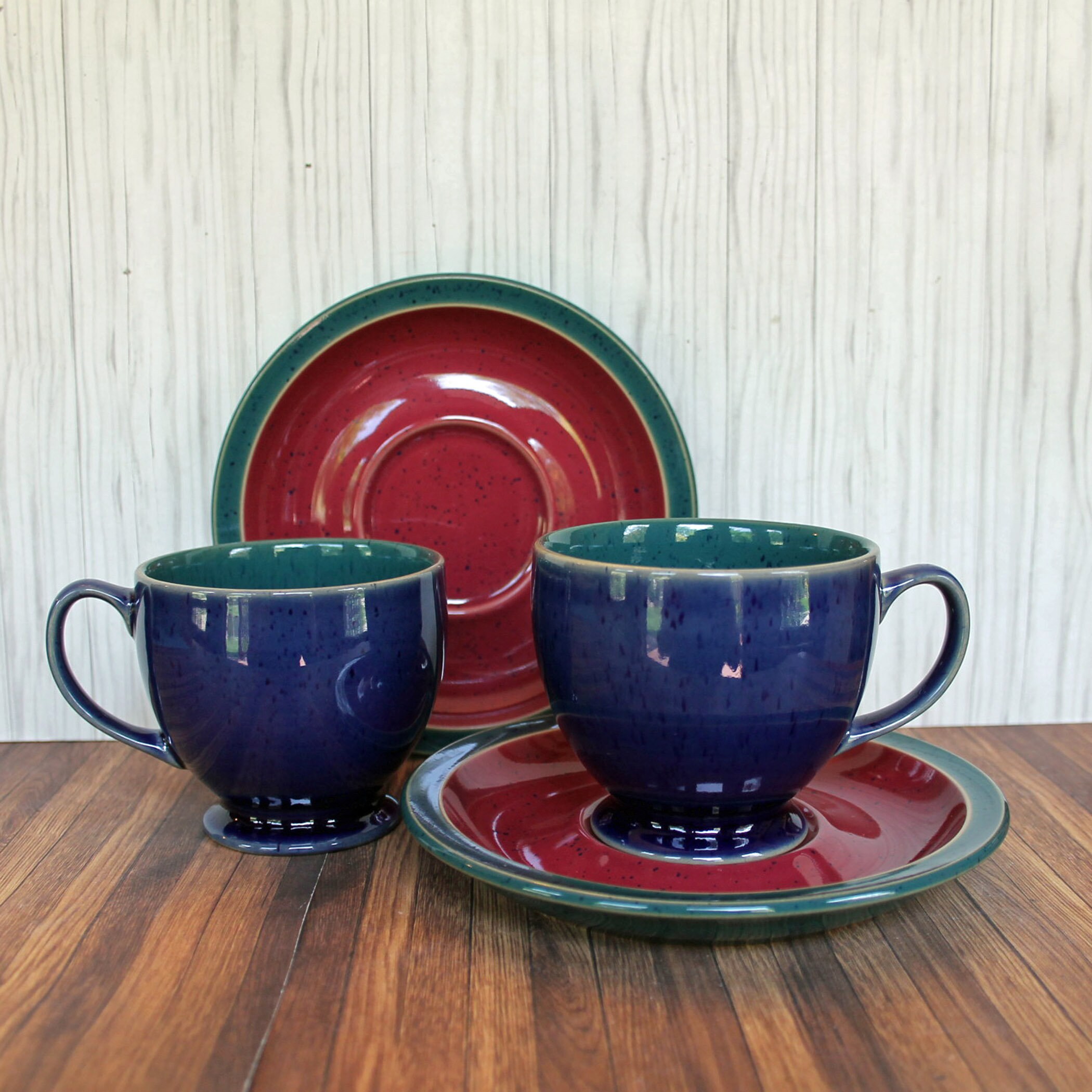 Vintage Denby HARLEQUIN Footed Cup and Saucer Set of 2 Blue Green Red