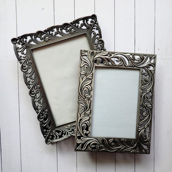 Vintage Silver Metal 4x6 and 5x7 Picture Photo Frame Set of 2 with Filigree Openwork Design with Scroll and Leaf Designs