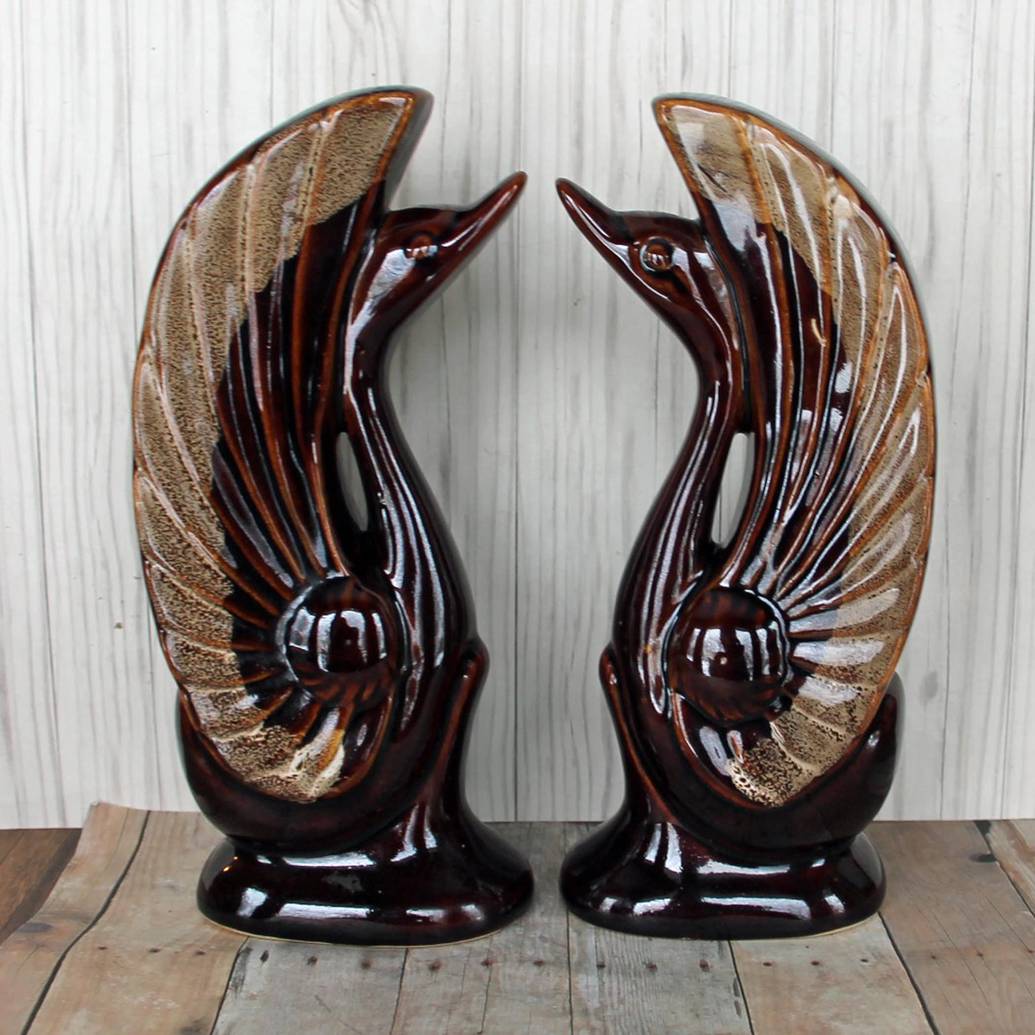 Vintage Ceramic Bird Swan Bookends Brown Drip Glaze Mid Century Modern Figurine Free Shipping