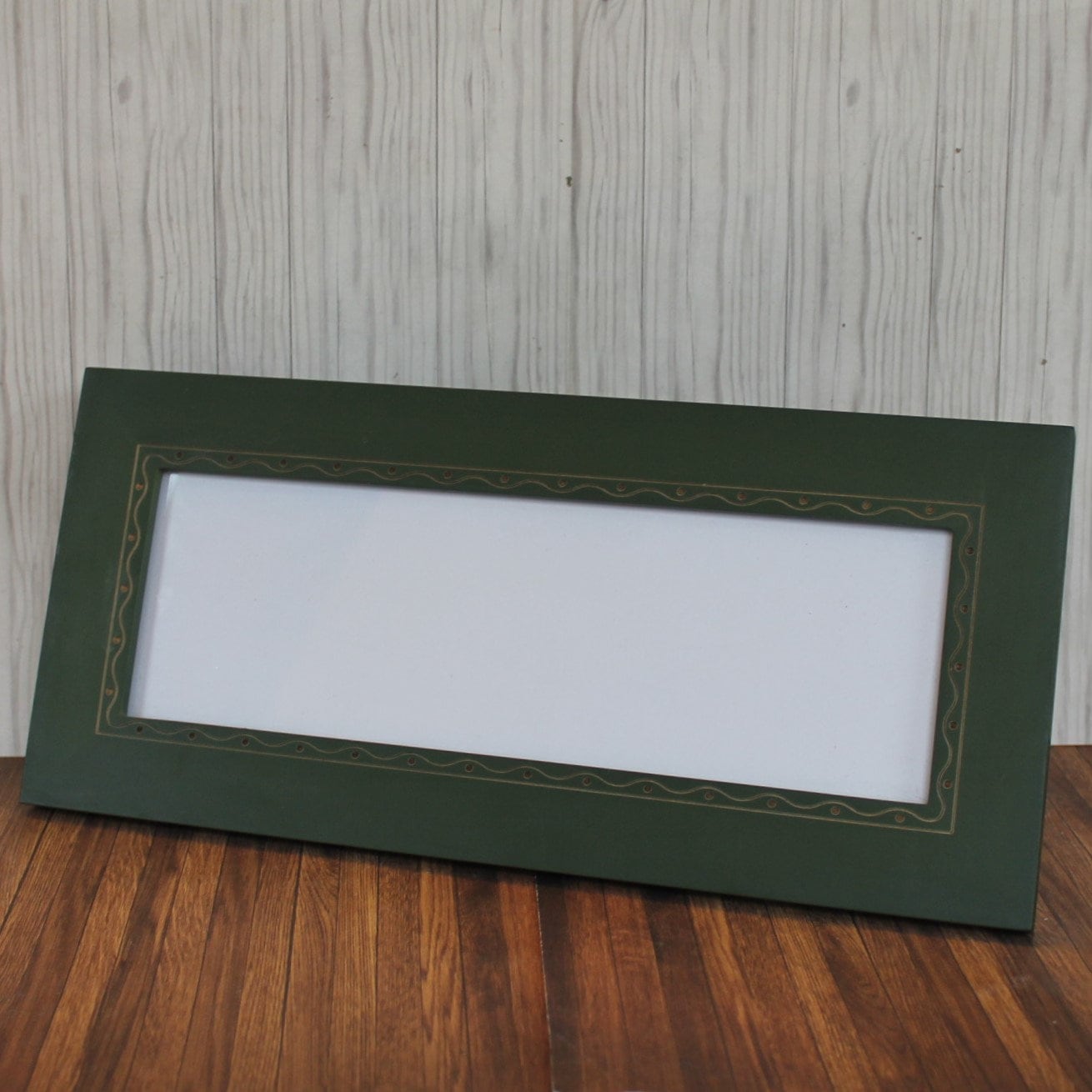 Vintage RARE WOODS 4x12 Panoramic Picture Photo Frame Green Wood Frame