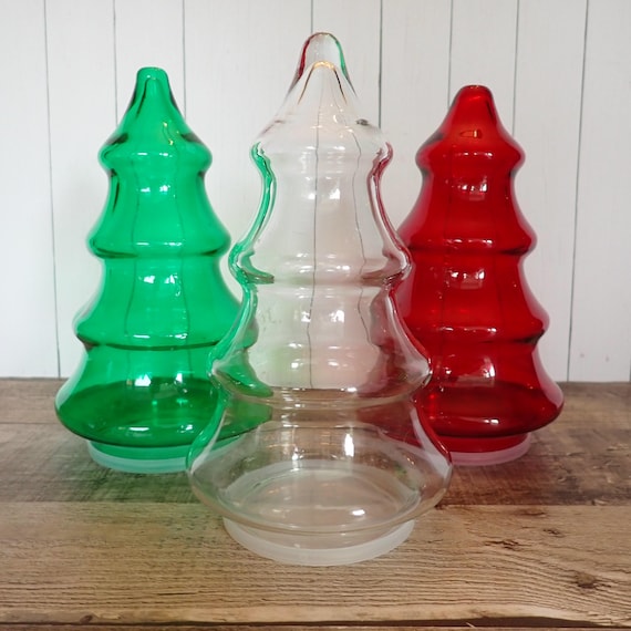 Vintage Glass Christmas Pine Tree Jar Clear Red Green Container Canister Set of 3 Jars