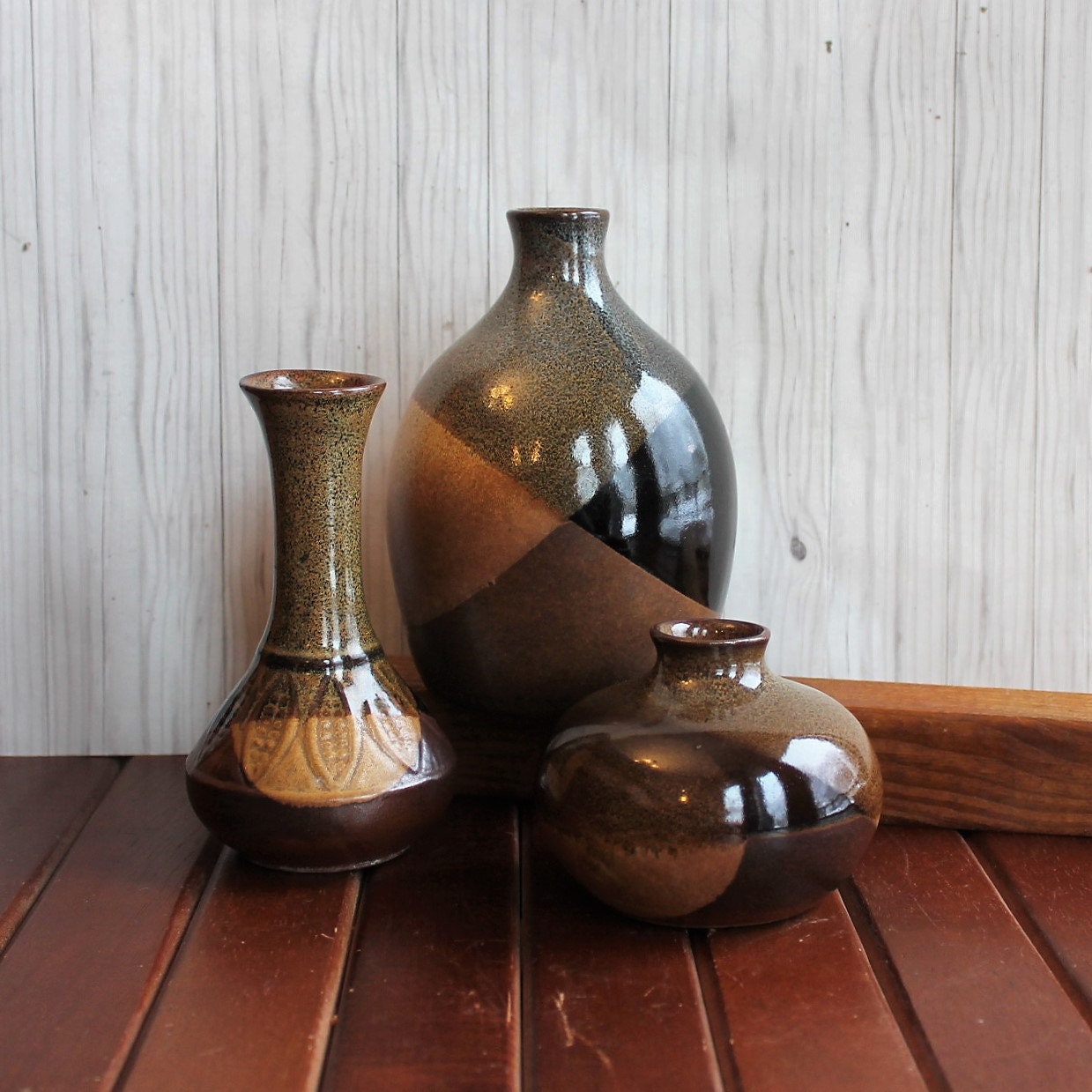 Vintage Pottery Craft USA Stoneware Vase Set of 3 Black Green Tan Leaf