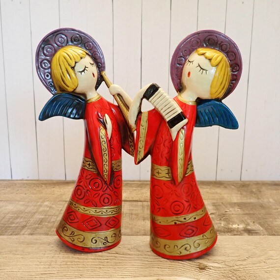 Vintage Christmas Ceramic Angels with Instruments Figurine Set of 2 Modern Danish Style Red and Gold