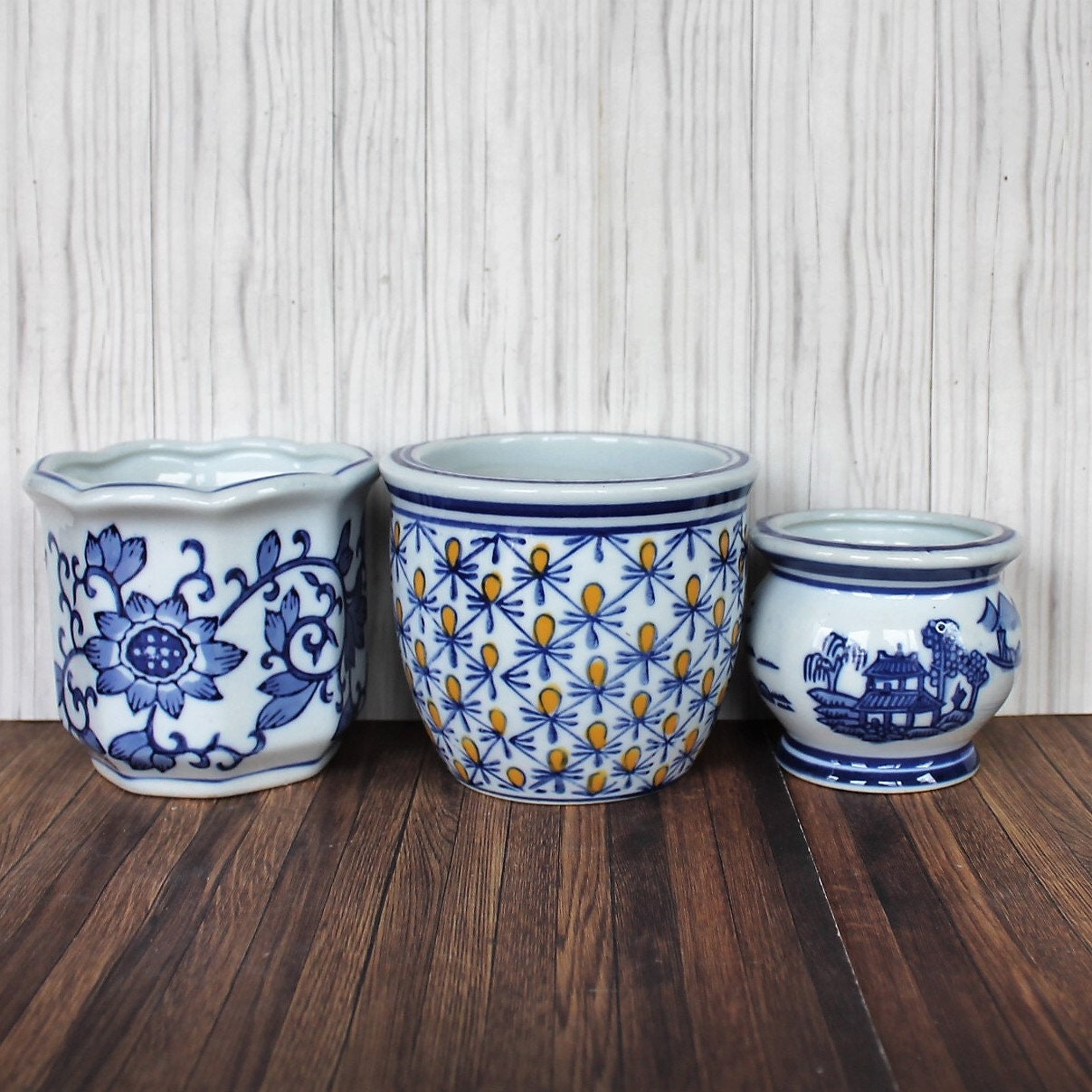 Vintage Blue and White Ceramic Planter Set of 3Asian Inspired Chinese