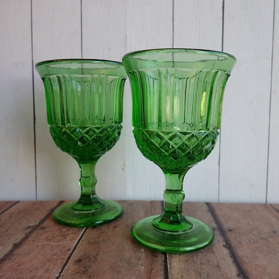 Vintage Wright SAWTOOTH Glass Wine Glass Goblet Set of 2 Green Glass with Diamond Pattern