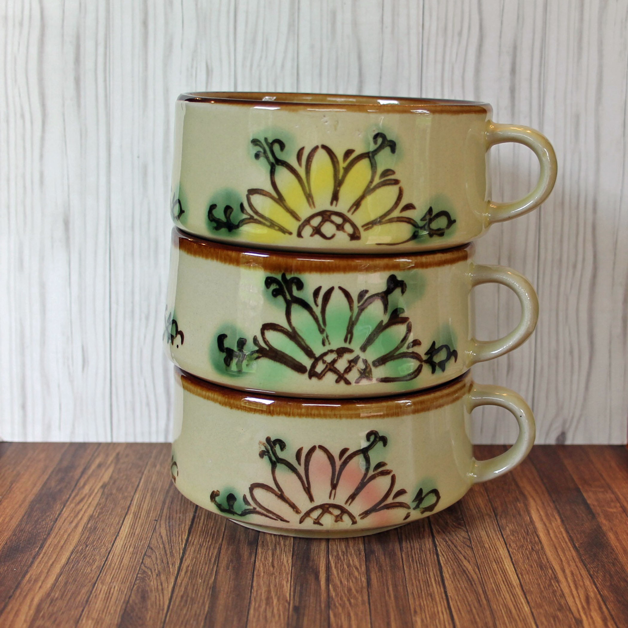 Vintage Stoneware Soup Bowl Mug Set of 3 Cream with Yellow Green and