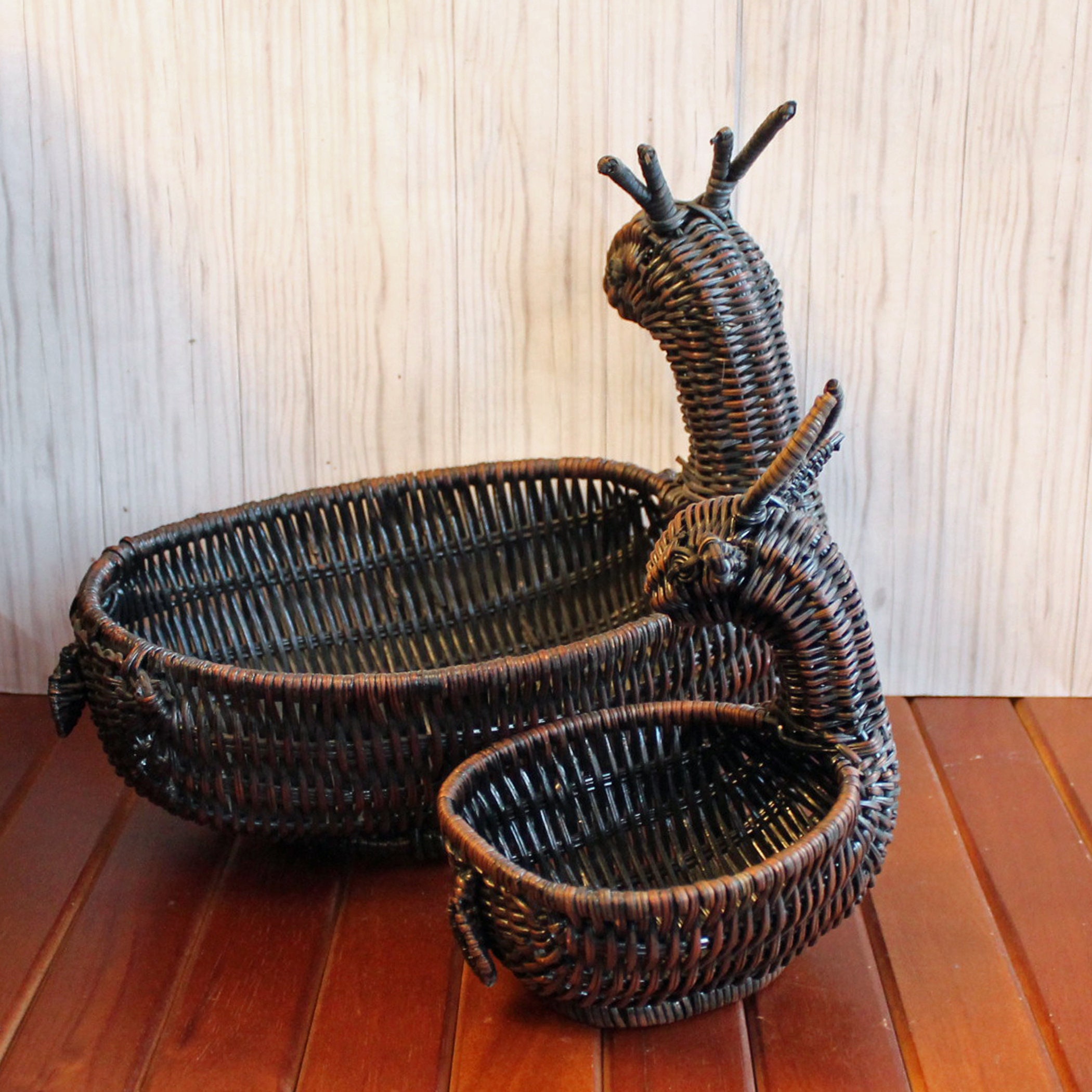 Vintage Brown Woven Wicker Deer Baskets Set of 2 Large and Small Animal