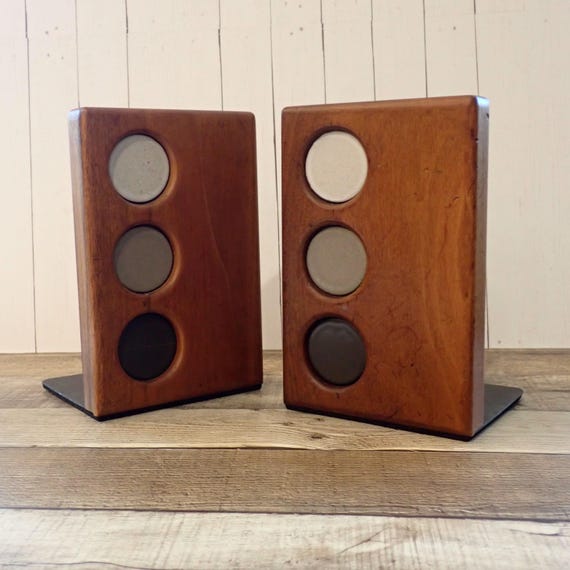 Vintage Marshall Studios Martz Wood and Tile Bookends Set of 2 Mid Century Modern with Circle Dot Inlay Design AS IS Cracked Tile