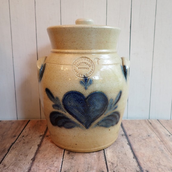 Vintage SHADOWLAWN Pottery Salt Glazed Crock Canister with Lid Gray with Blue Heart Design