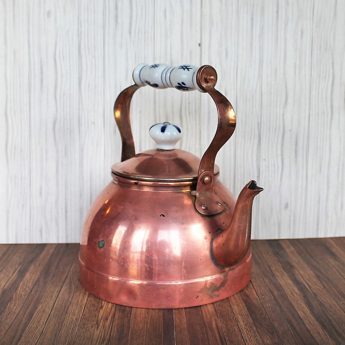 Vintage Copper Kettle Coffee Tea Pot with Ceramic White and Blue Handle