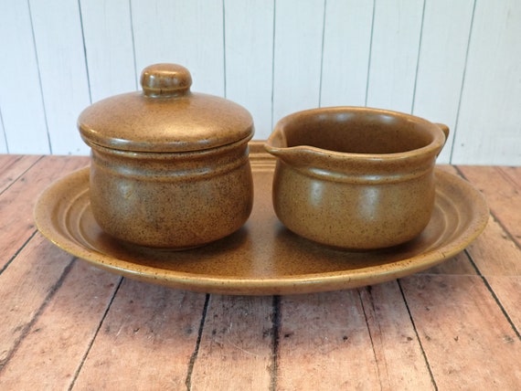 Vintage Western Stoneware Mojave Brown Serving Set of 3 Oval Platter Sugar Bowl and Creamer Golden Tan Brown with Ribbed Design