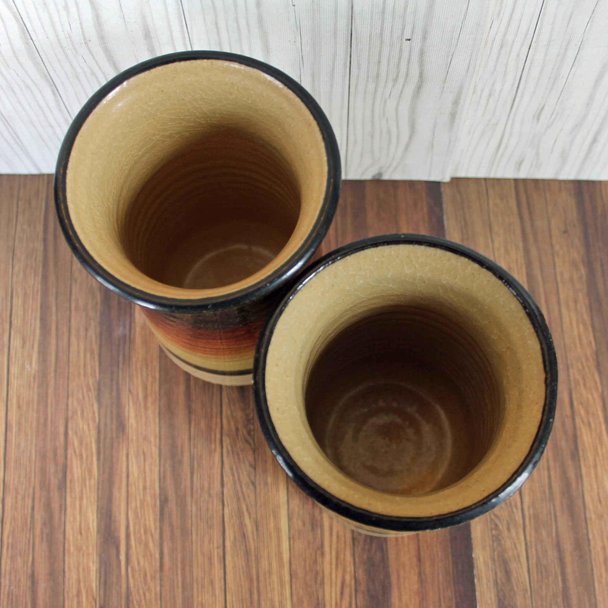 Vintage BLOOMINGTON POTTERY Vase Set of 2 Matching Vases Tan Yellow Red