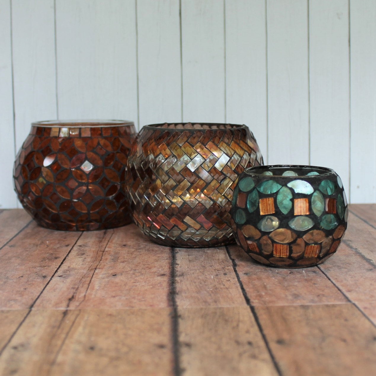 Vintage Glass Hurricane Mosaic Candle Holder Set of 3 Amber Gold Blue