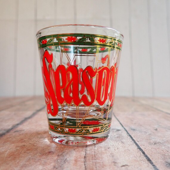 Vintage Culver Houze SEASONS GREETINGS Shot Glass Whiskey Jigger Stained Glass Look Christmas Festive Poinsettia and Holly