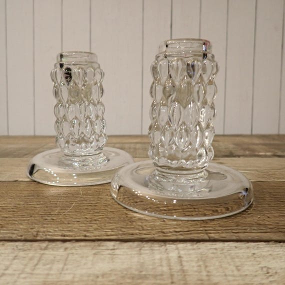 Vintage Fostoria MYRIAD Style 2592 Clear Glass Candlestick Pair Set of 2 with Modern Bubble Dot Design 1940s