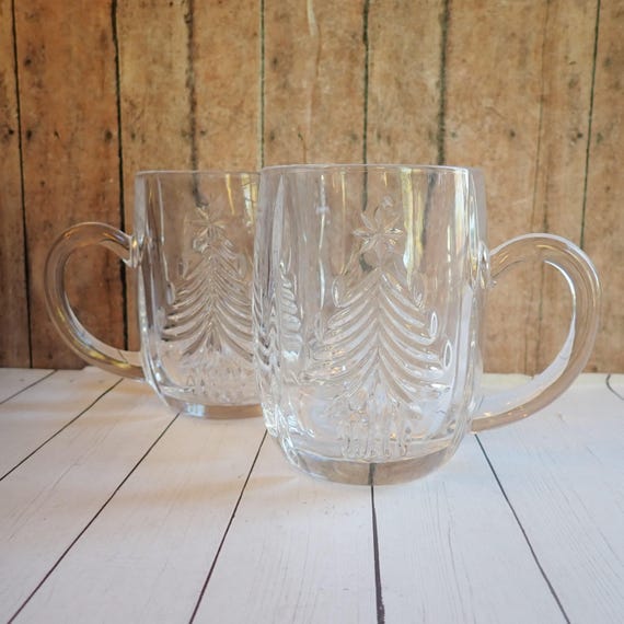 Vintage Mikasa Christmas Tree Clear Glass Mug Set of 2 with Pine Tree and Candle Design