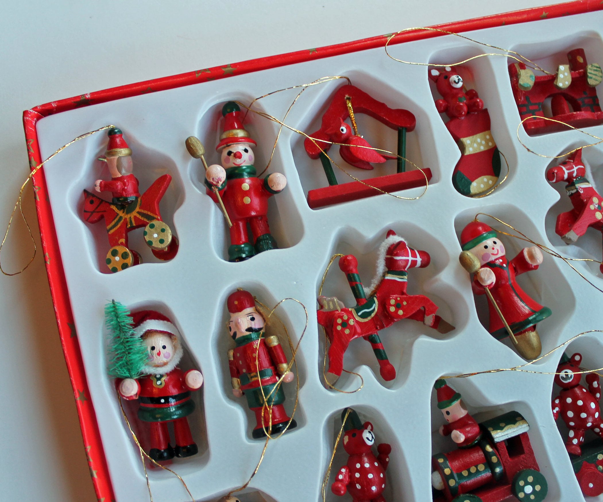 Vintage German Wooden Miniature Christmas Ornaments Set of 18 Tabletop